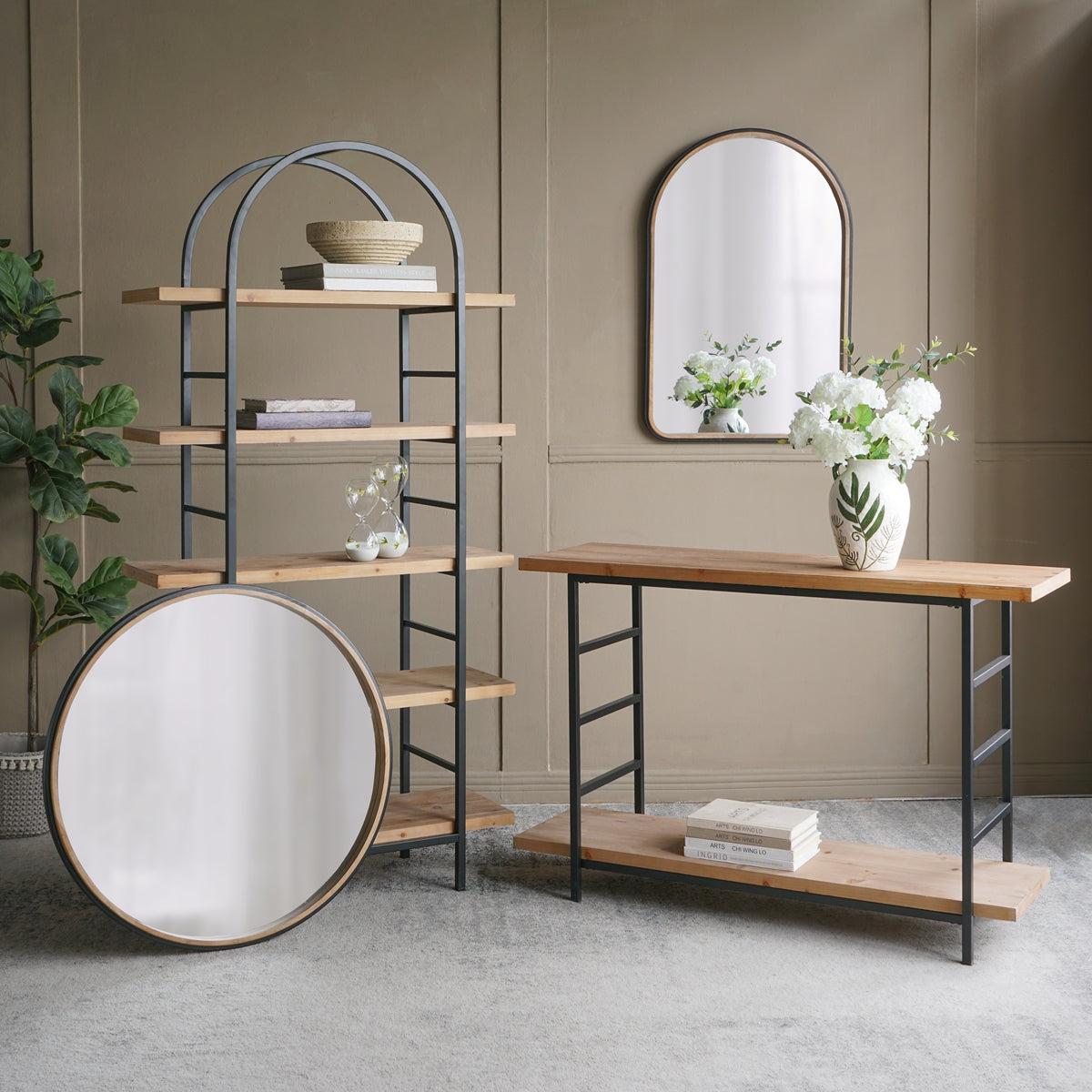 Tall Arched Wood and Iron Display Shelf
