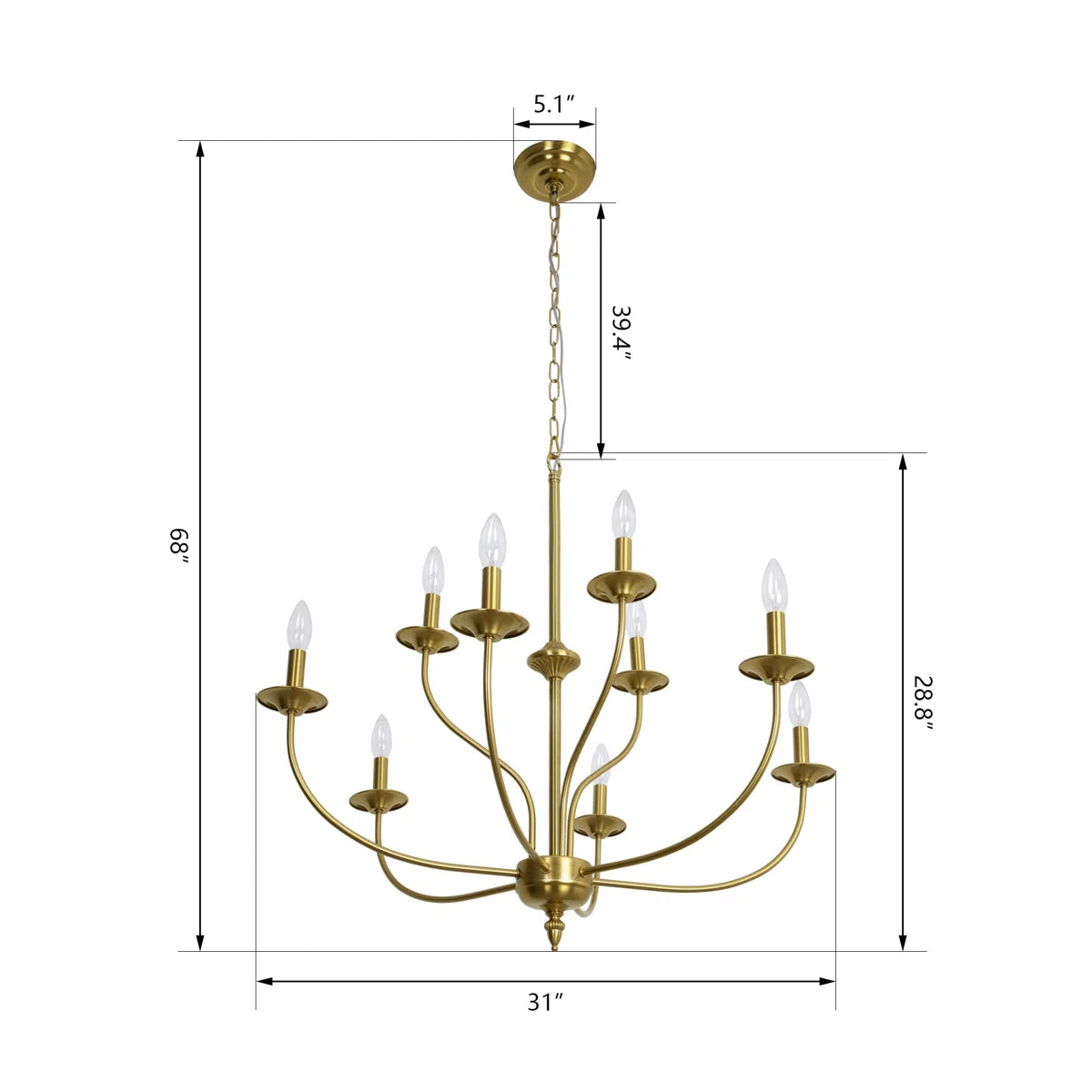 9-Light Dimmable Metal Chandelier with Candle-Style Arms, Gold