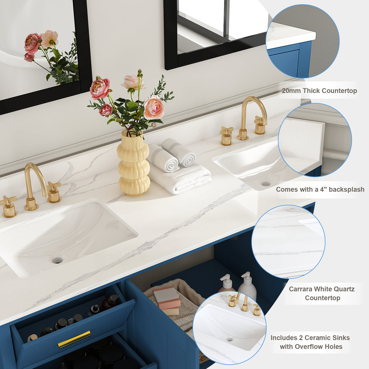 60" Solid Wood Bathroom Vanity with Double Sinks