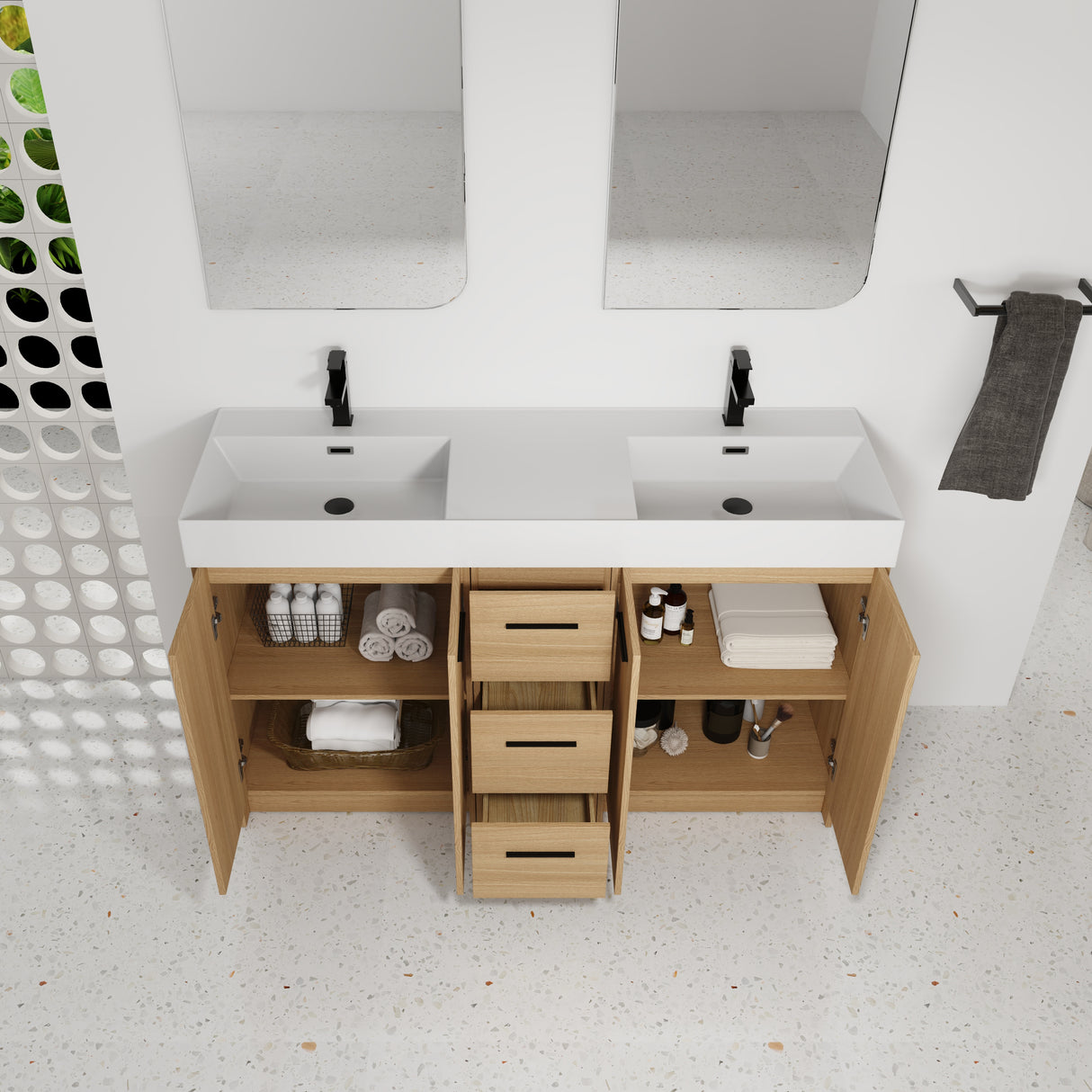 60" Double Sink Bathroom Vanity with 3 Drawers and Large Storage