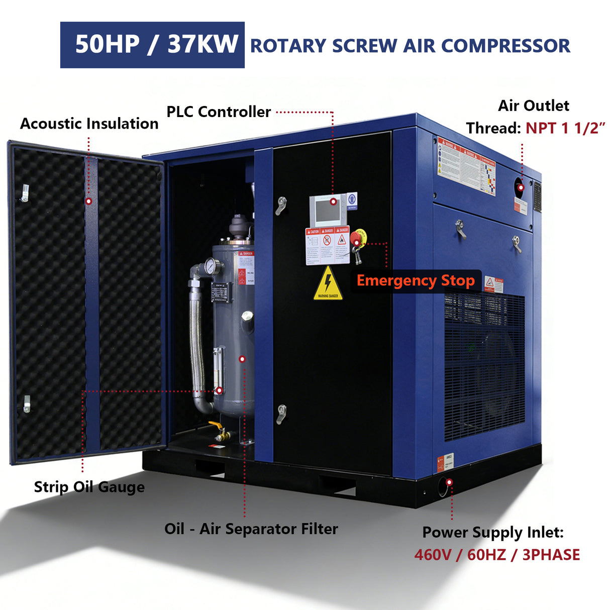 50HP Rotary Screw Air Compressor, 219CFM, 125PSI, 460V 3-Phase