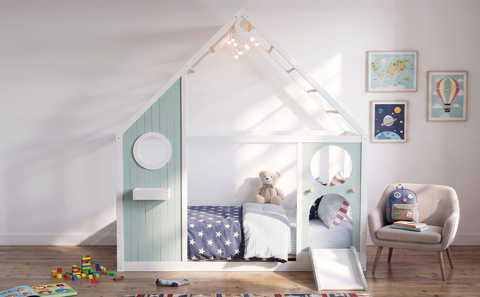 Twin House Bed with Slide, Ball Light Strip, Wooden Playhouse Design