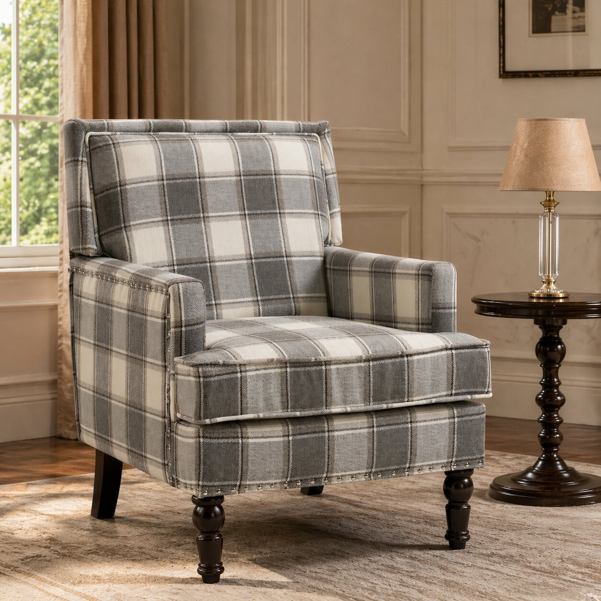 Upholstered Accent Chair, Vintage Armchair with Solid Wood Legs