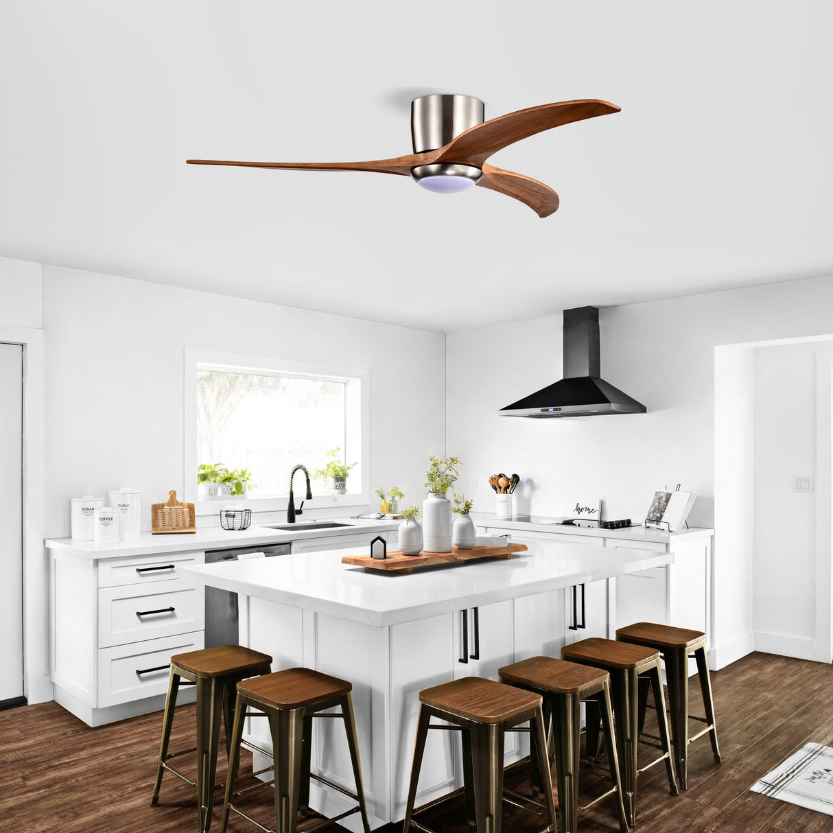 52" Flush Mount Fan Light with Solid Wood Blades and Remote Control