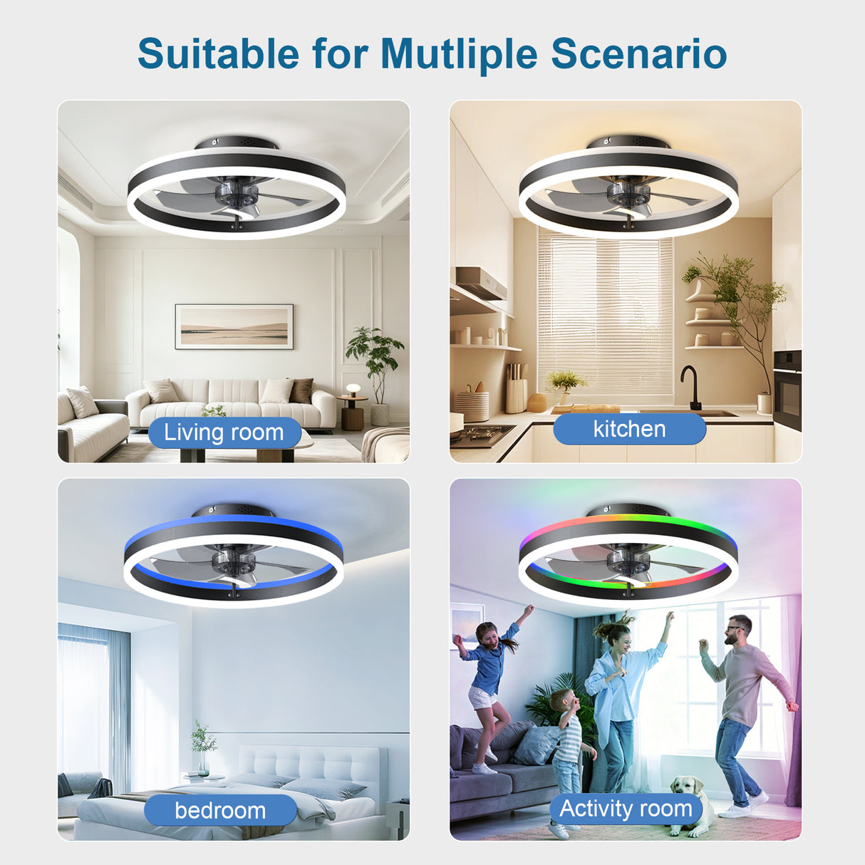19.7" RGB Flush Mount Ceiling Fan with Light for Bedroom