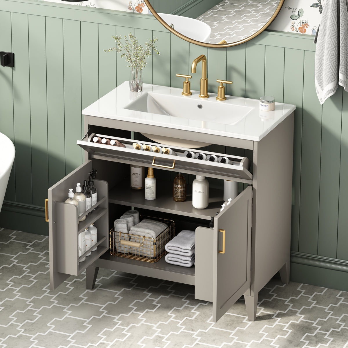 30" Bathroom Vanity with Ceramic Sink Top, Solid Wood Legs