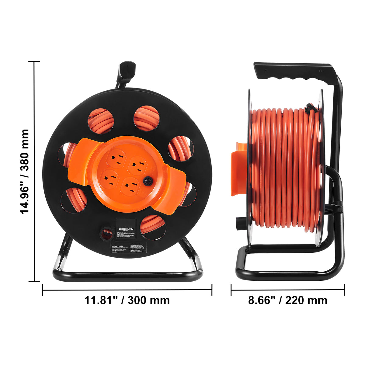 100FT Extension Cord Reel with 4 Outlets and Dust Cover