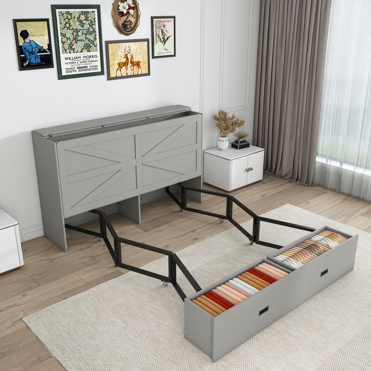 Full Murphy Bed With Storage Drawers, Charging Station, Foldable Panels, And Silent Swivel Wheels