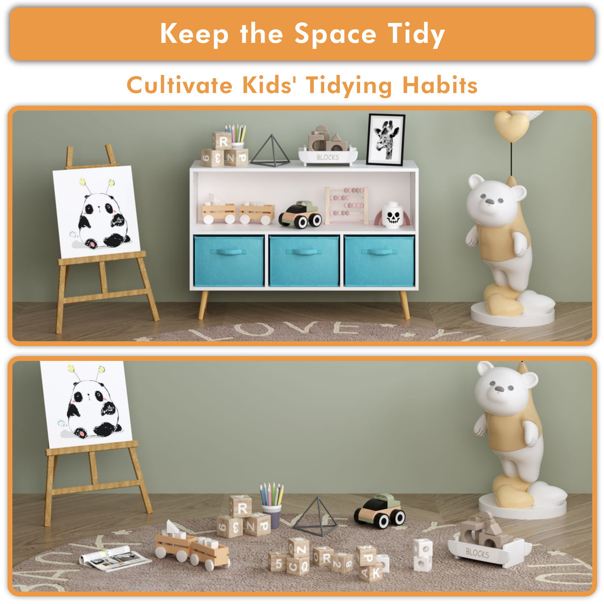 Bookcase With Collapsible Drawers, Book Display Storage Cabinet Organizer - White / Blue