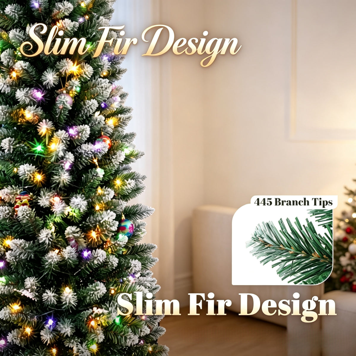 7ft Flocked Pencil Prelit Christmas Tree, Dual-Color