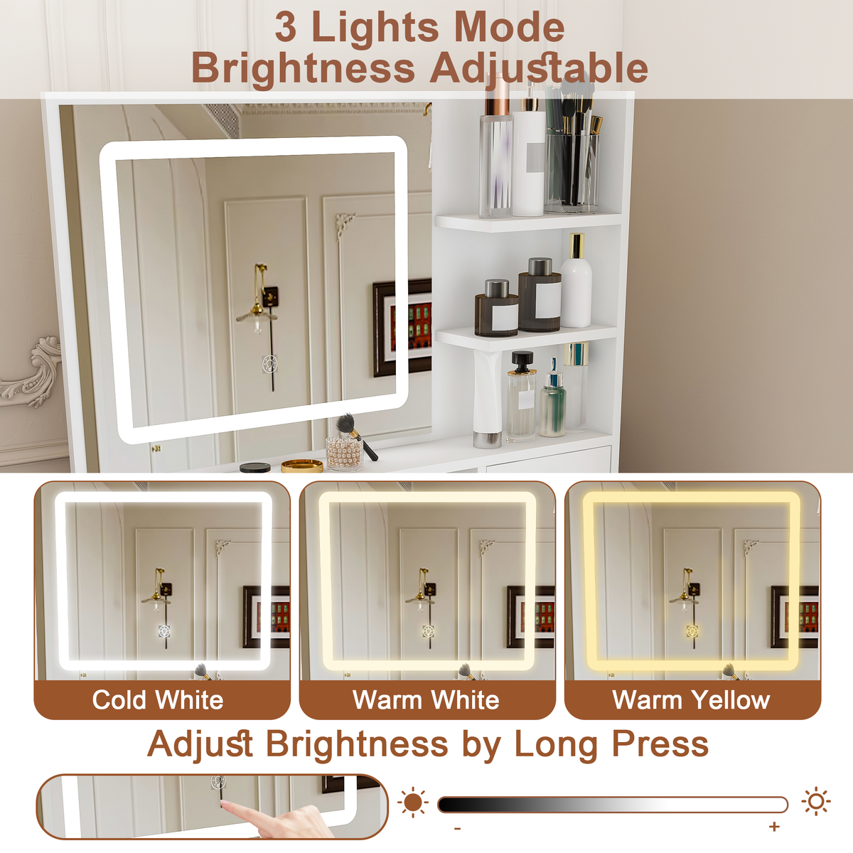 Fashion Vanity Desk with Mirror & 3-Color Dimmable LED Lights