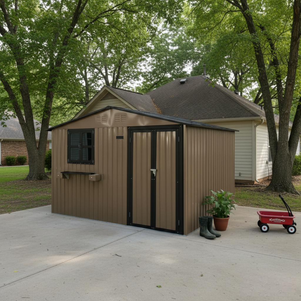 10x8 Ft Outdoor Metal Storage Shed with Window & Flower Rack