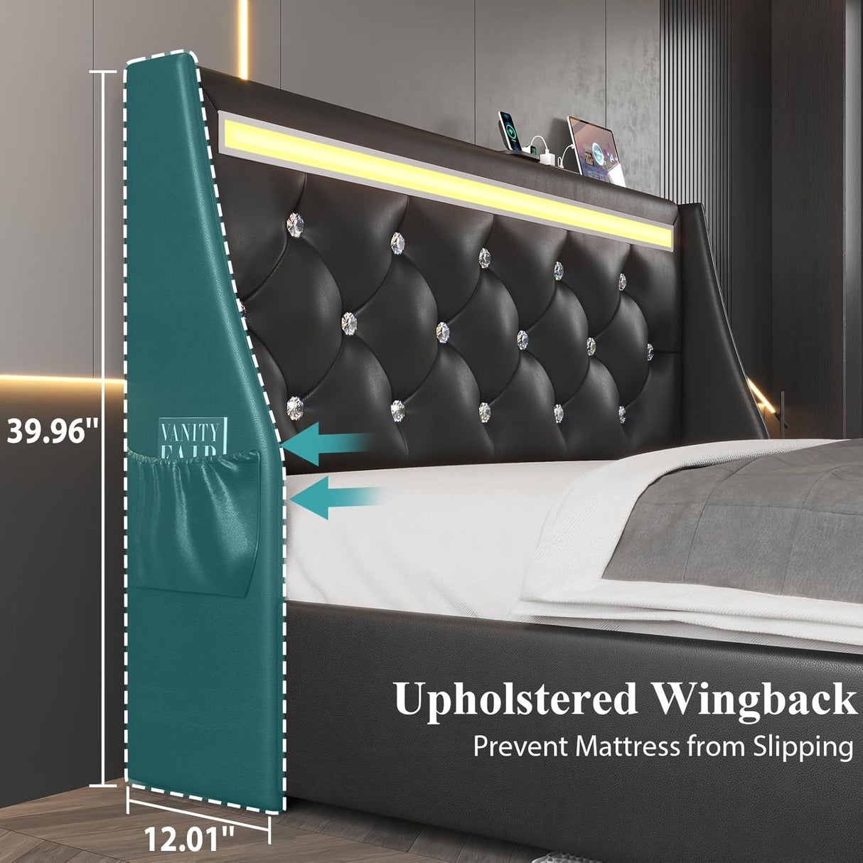 Wingback Upholstered Bed Frame With LED Lights, Charging Station