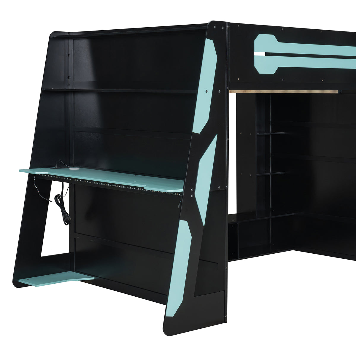 Full Size Wood Loft Bed with Desk, Multi-storage Shelves and RGB Light