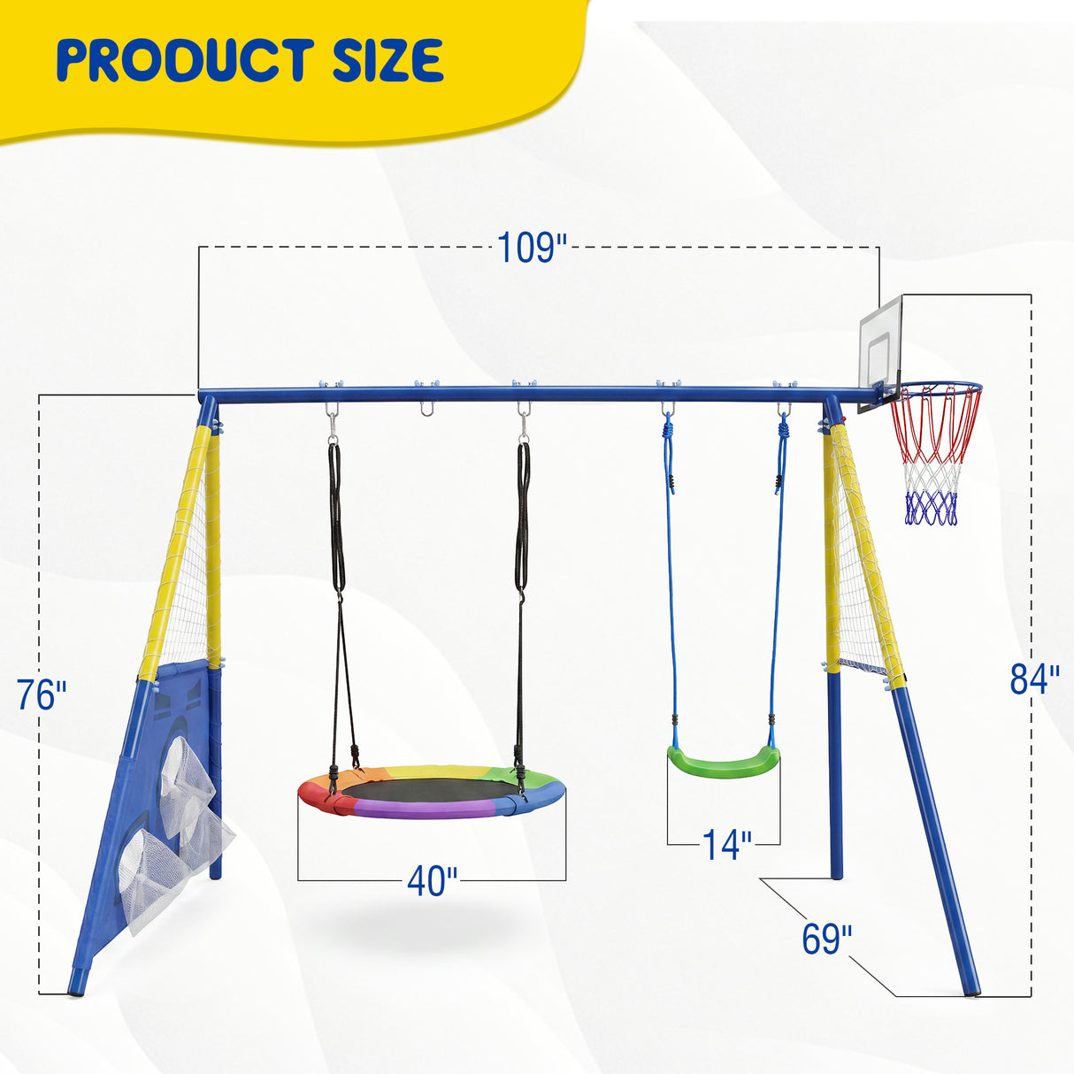 5-in-1 Kids Swing Set with Saucer Swing, Belt Swing, Basketball Hoop & Soccer Goal