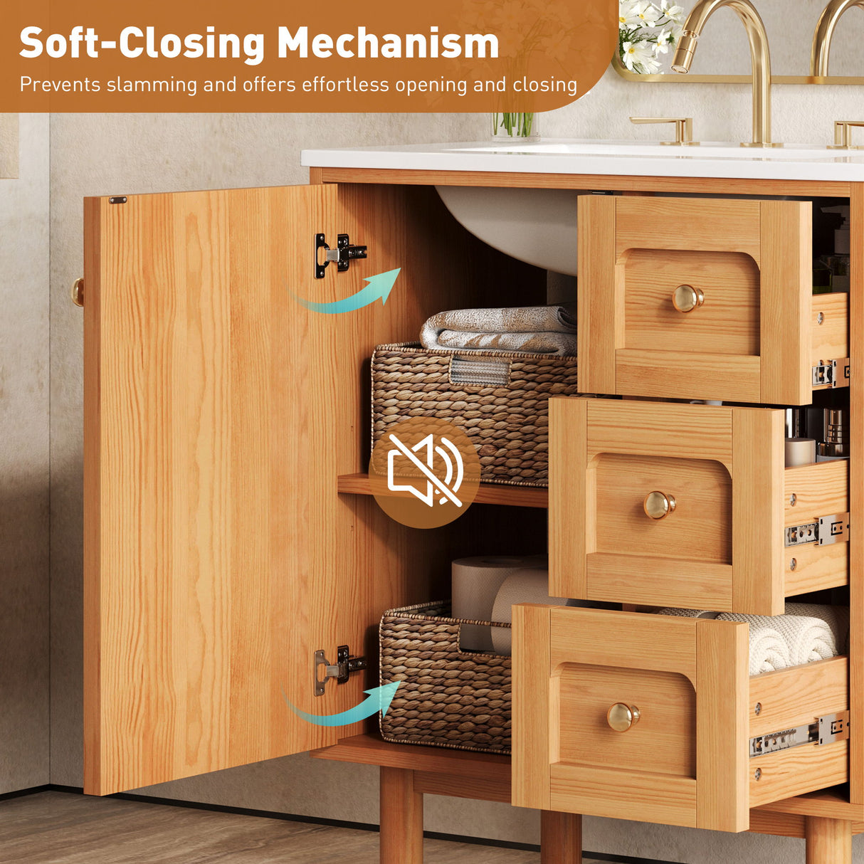 Bathroom Vanity With Sink, 3 Drawers, Soft Close Door - Natural Wood