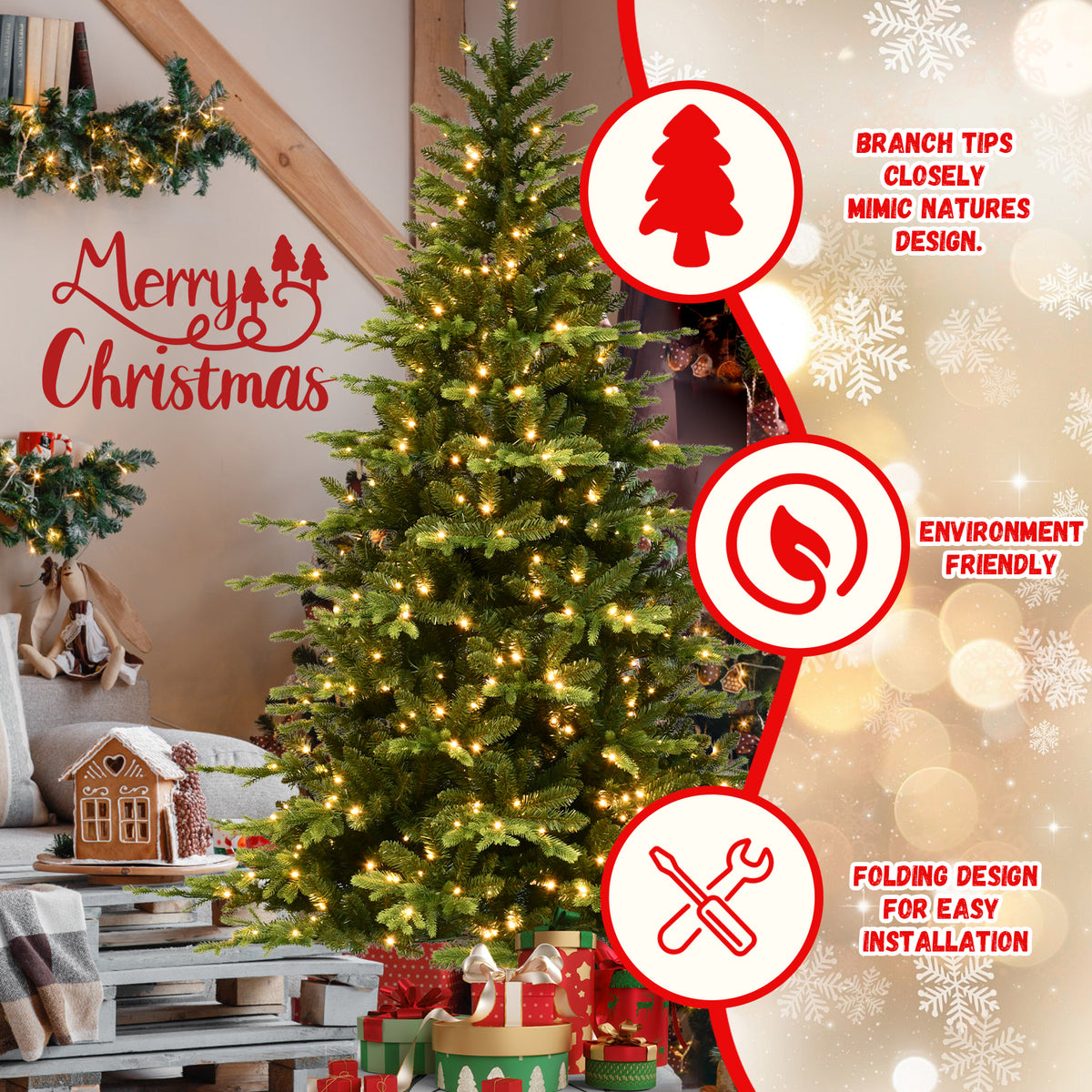 6-Foot Hinged PE & PVC Artificial Christmas Tree, 1608 Tips, 350 Warm White LED Lights
