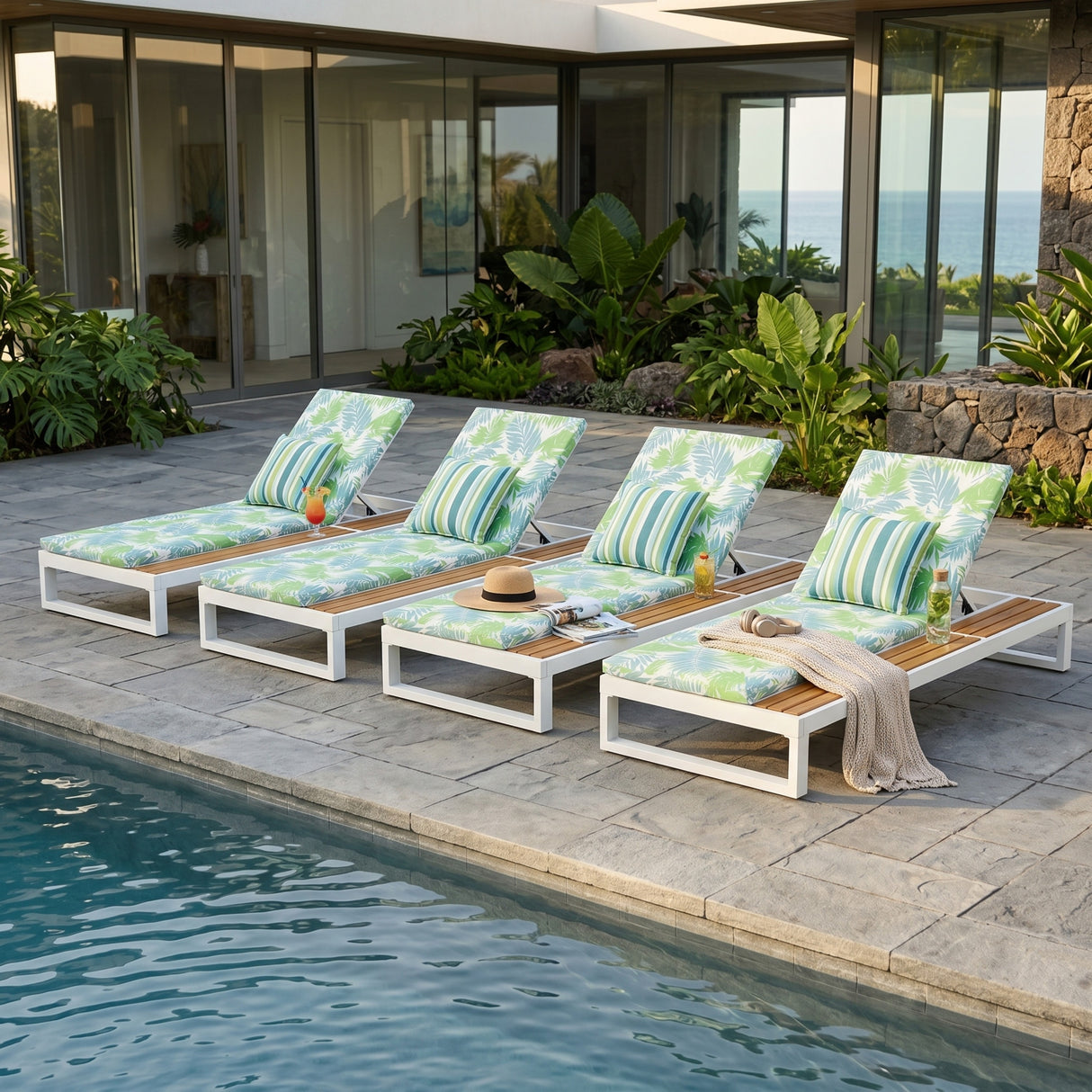 White Iron & Teak Finish Chaise Lounge Set