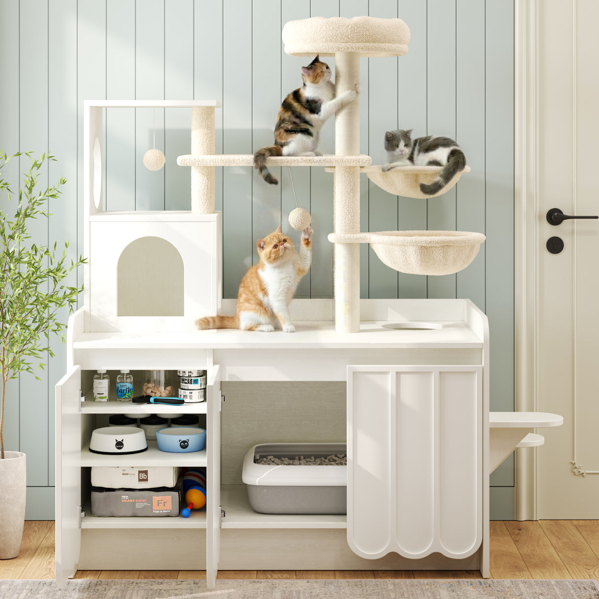 50.6" Cat Tree with Litter Box Enclosure, Sisal Scratching Post & Storage