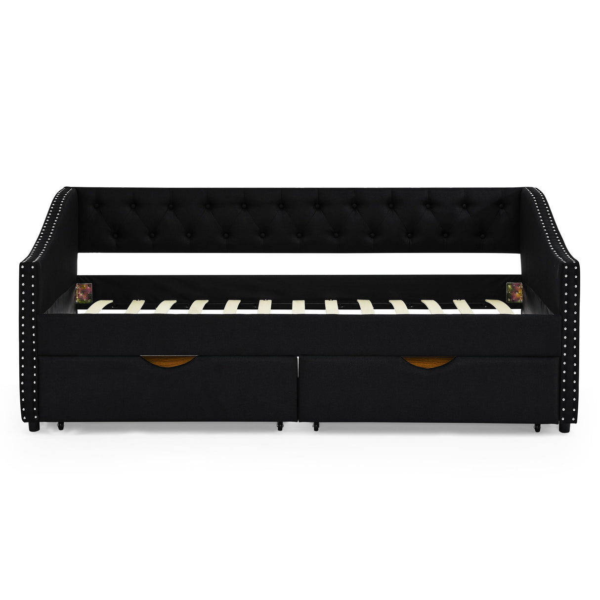 Upholstered Tufted Daybed With 2 Drawers, Waved Arms