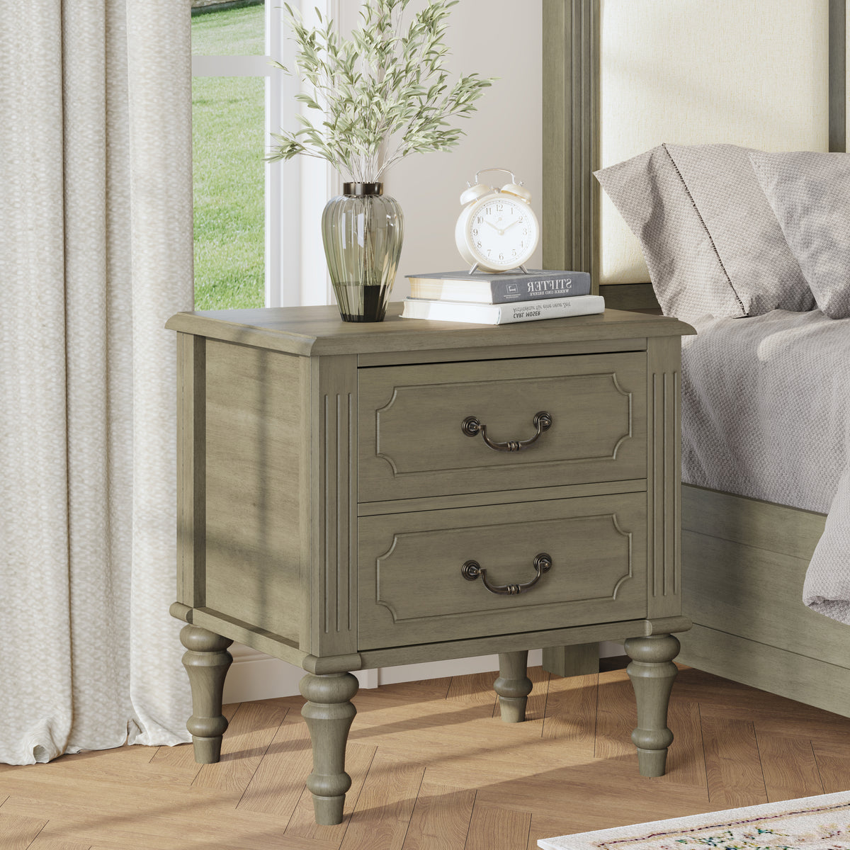 Fluted Nightstand, 21-Inch Wide, 2-Drawer Side Table, Antique Bronze