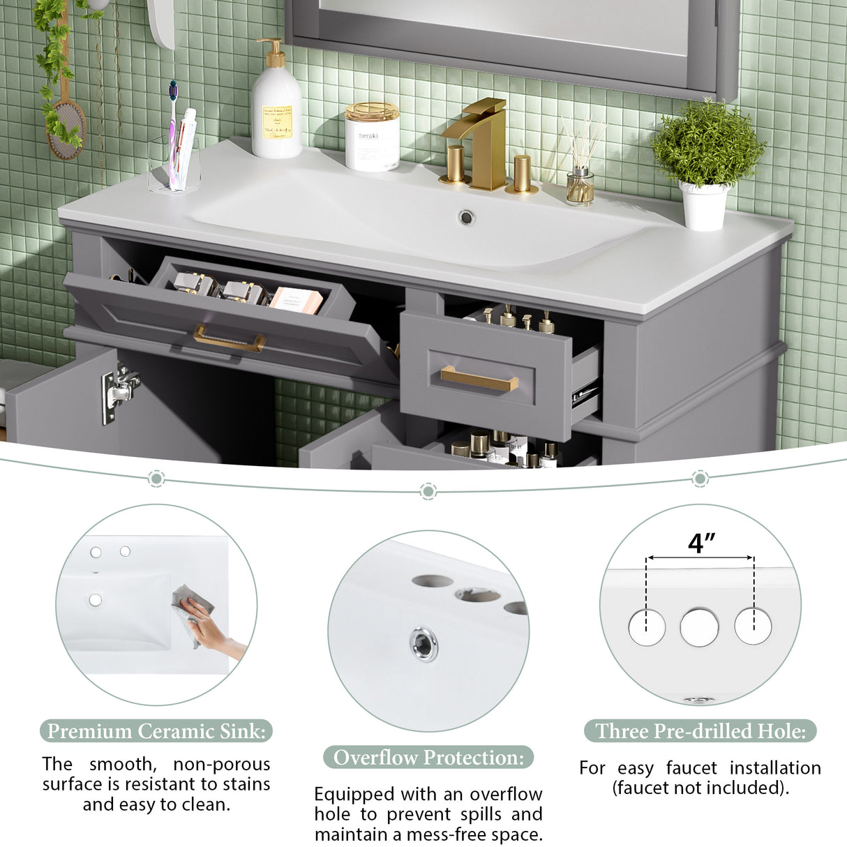 36" Gray Modern Bathroom Vanity with Ceramic Sink