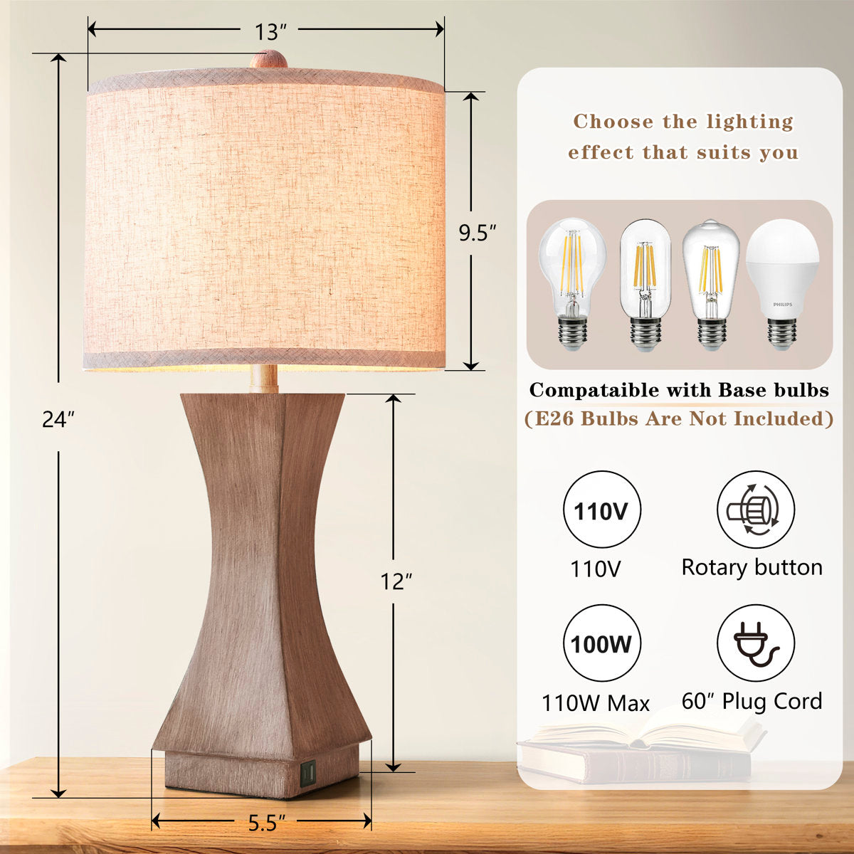 Modern Dimmable Resin Table Lamp with USB Port, 24-Inch, Brown, Set of 2