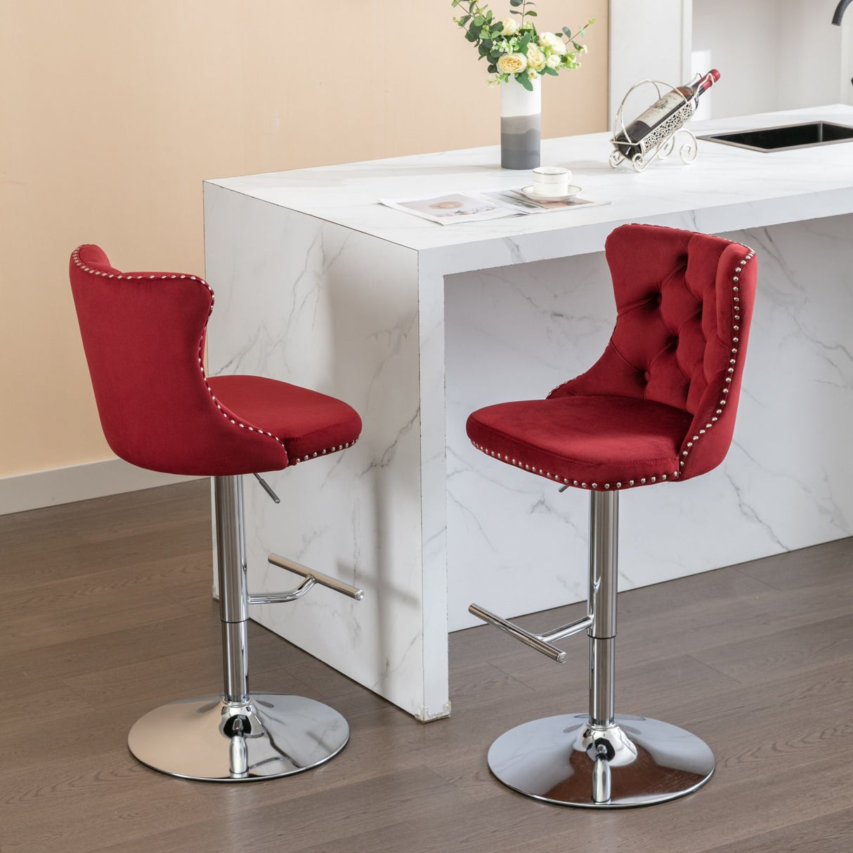 Swivel Barstools Adjusatble Seat Height From 25-33", Modern Upholstered Base Bar Stools With Backs Comfortable Tufted For Home Pub And Kitchen Island (Set of 2)