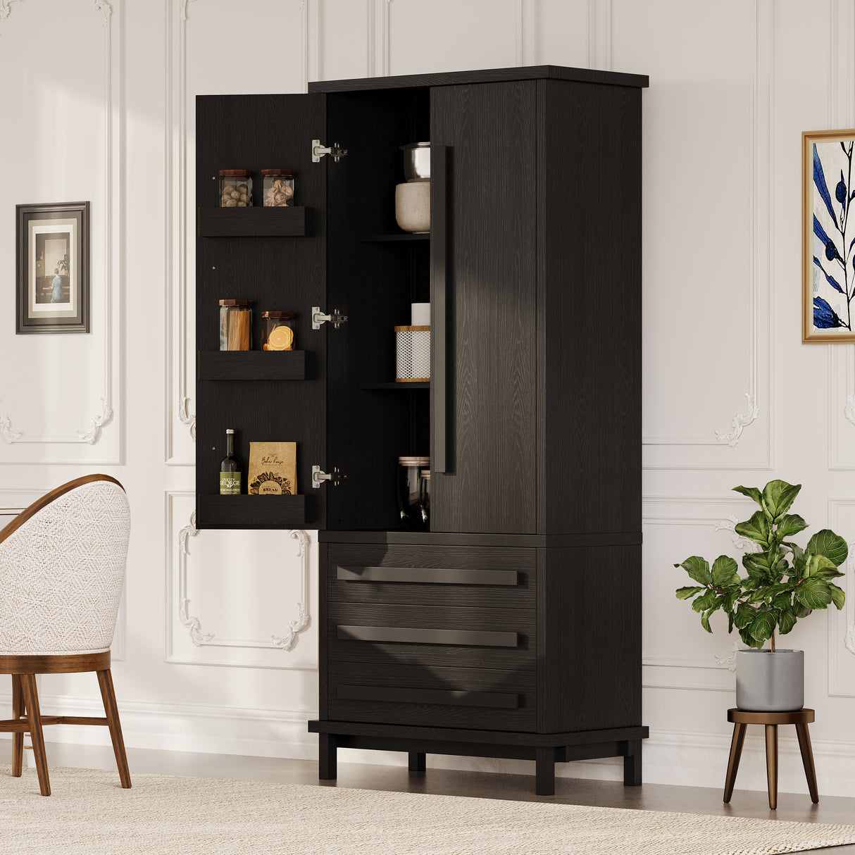 70" Kitchen Pantry Cabinet with 6 Door Shelves and 3 Drawers