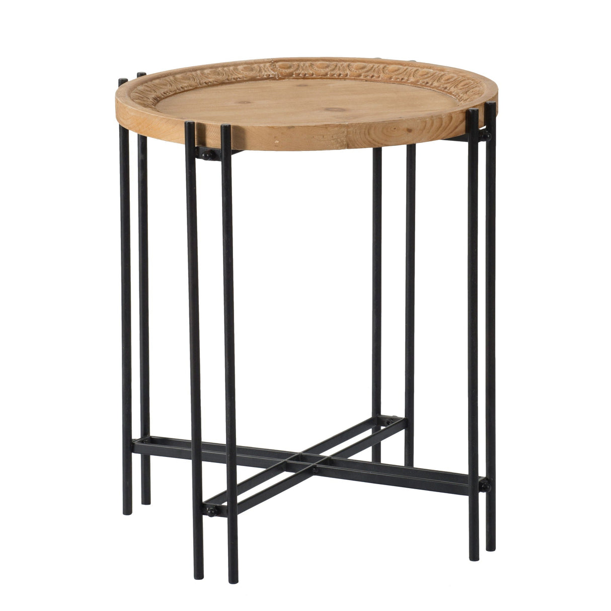 Round Side Table With Wood Top - Black Brown