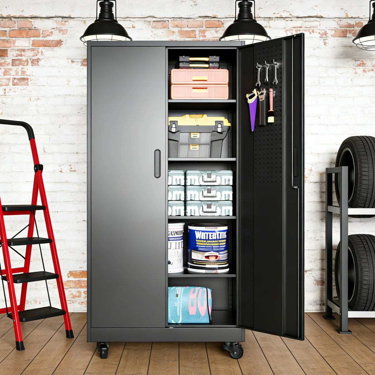Heavy Duty Metal Storage Cabinet with Doors and Wheels