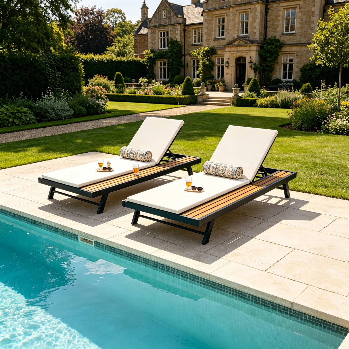 Black Iron and Teak Finish Outdoor Chaise Lounge Set