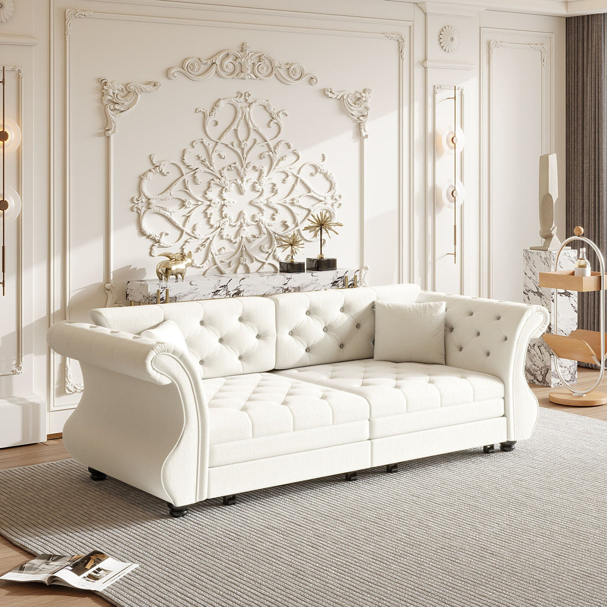 Oversized Chesterfield Pull Out Sofa Bed, Roll Arm Couch With Flower Tufting For Living Room