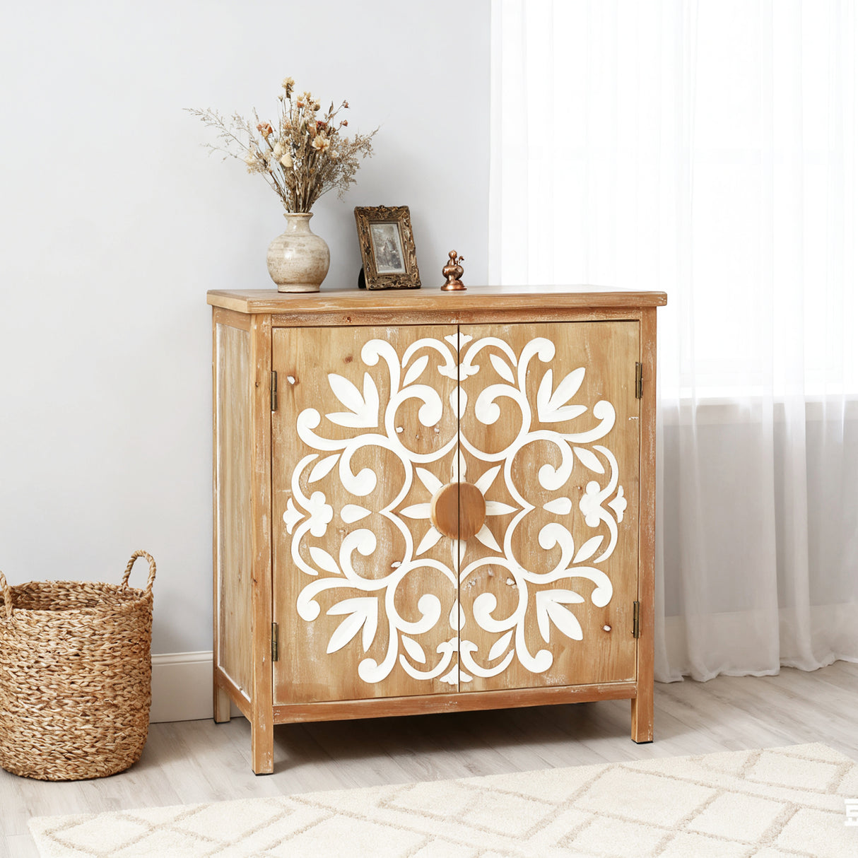 Rustic Wooden Accent Cabinet with Floral Carved Doors