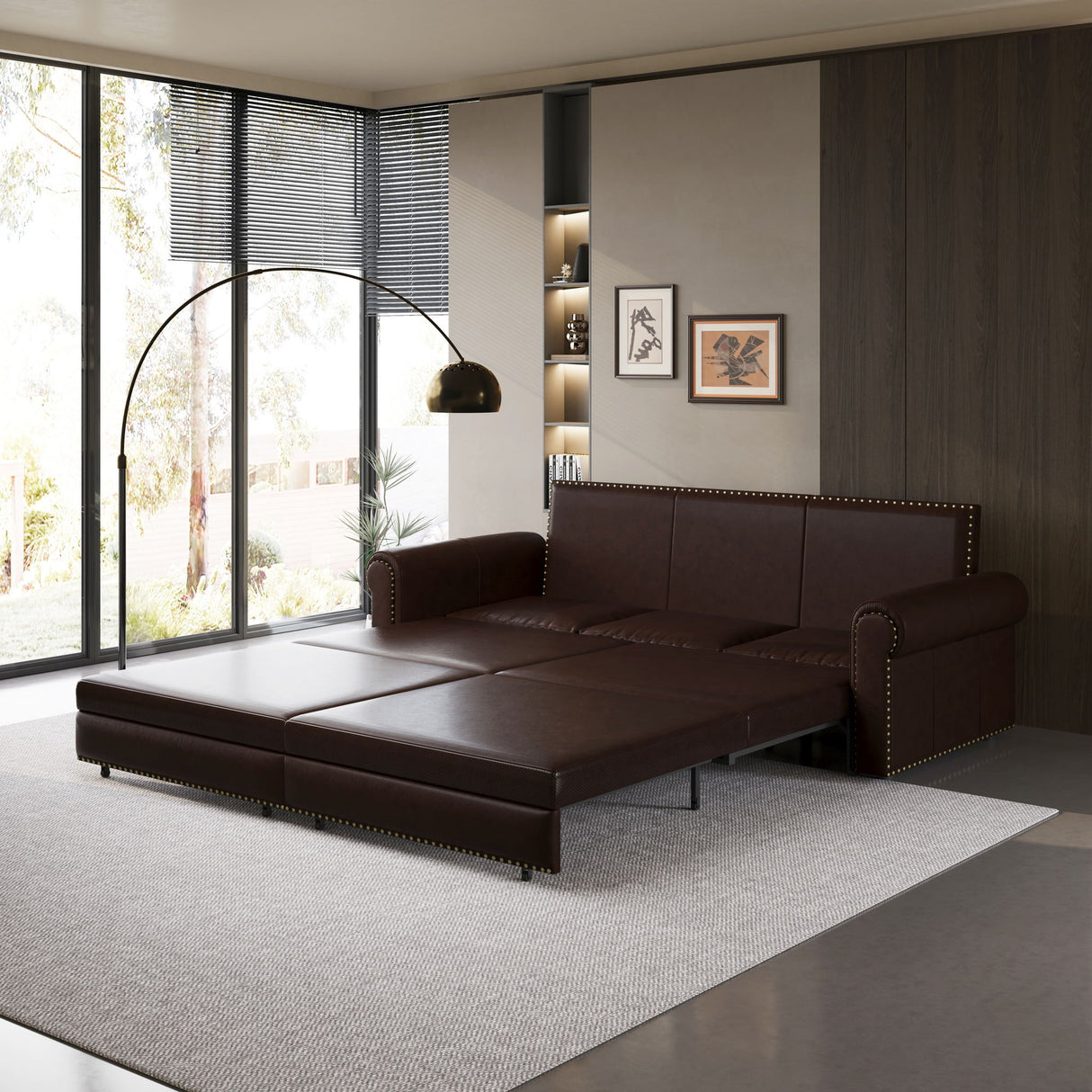 3 In 1 Convertible Sleeper Sofa With Nailhead Trim & Rolled Arm