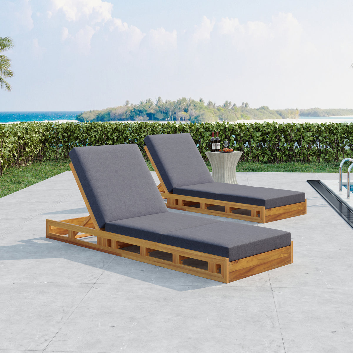 Lounge Chaise Set, Acacia Solid Wood with Lounge Cushion