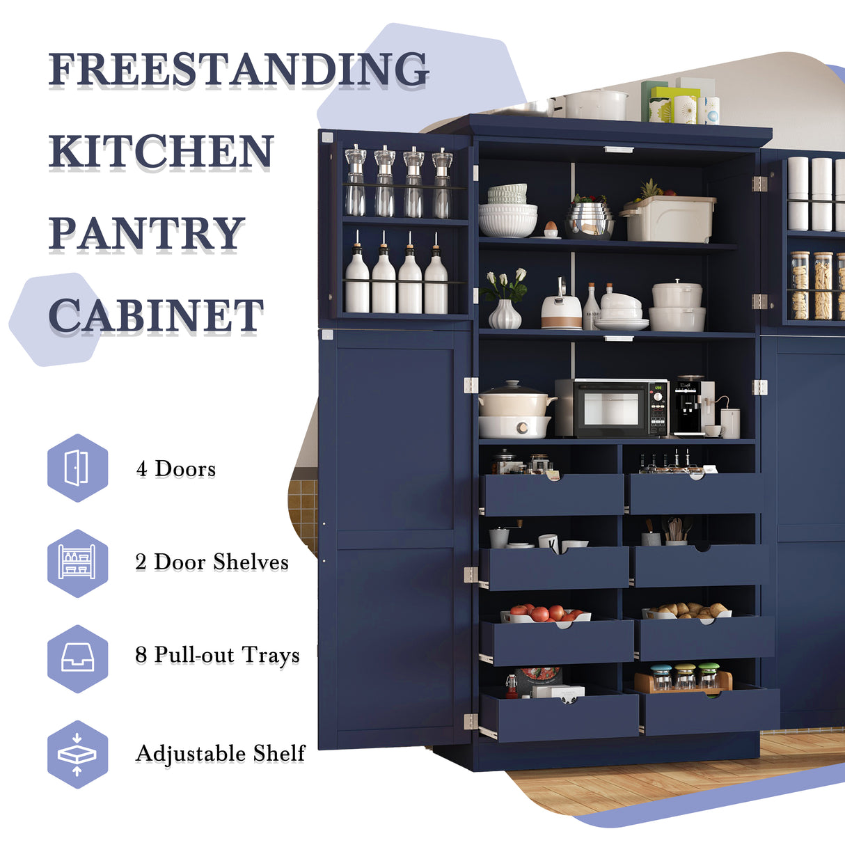 TOPMAX Freestanding Kitchen Pantry Cabinet with 4 Doors and Pull-Out Trays