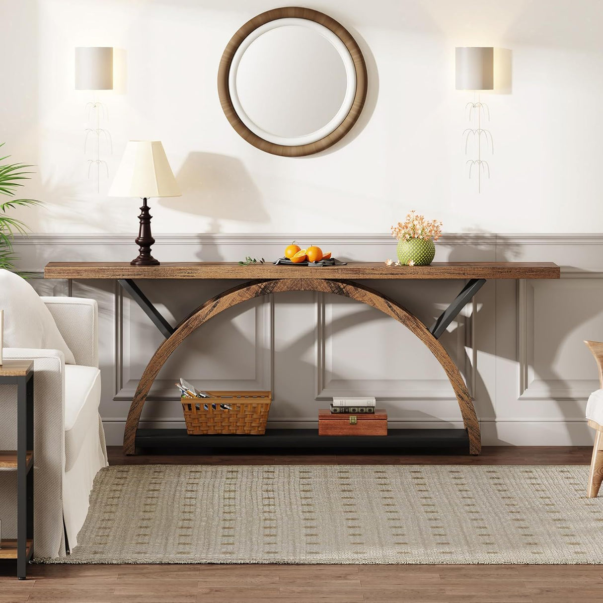 Console Table With 2 Tier Storage And Half Moon Frame For Hallway - Brown / Black