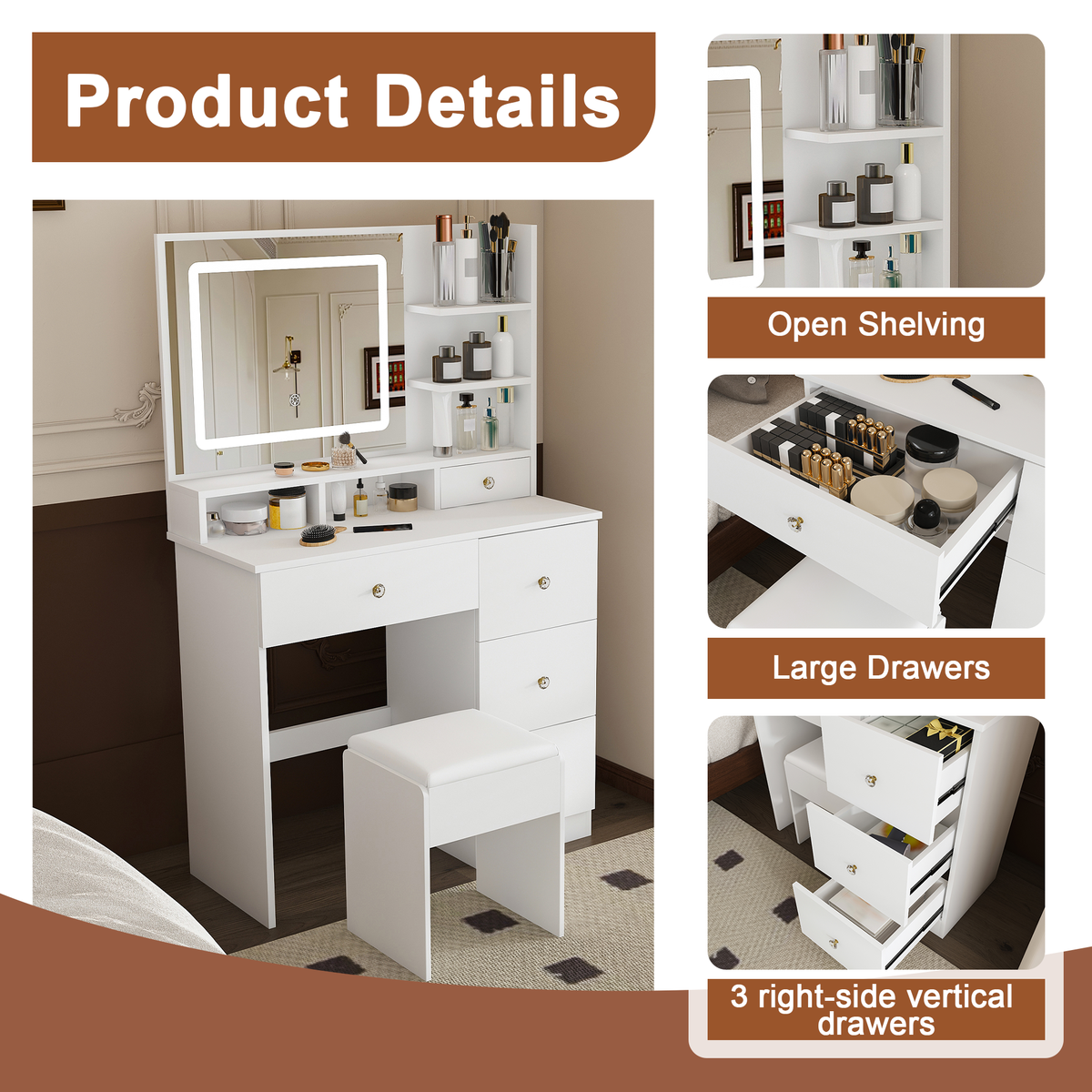Fashion Vanity Desk with Mirror & 3-Color Dimmable LED Lights