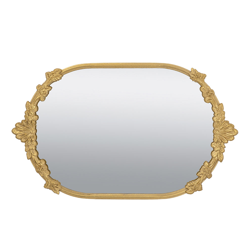 Decorative Mirror Tray with Gold Iron Frame and Floral Accents, 22.7 x 13.6 Inches