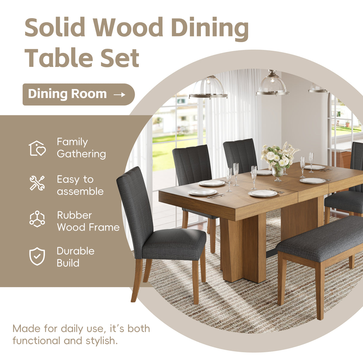 TOPMAX Farmhouse Extendable Wood Dining Table Set for 6
