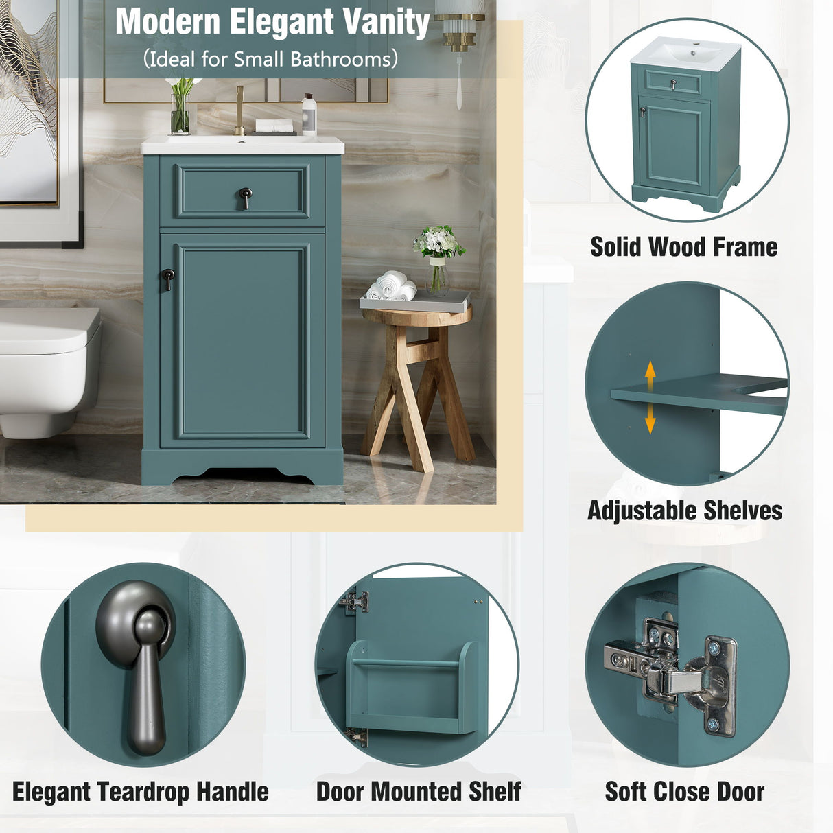 Elegant Bathroom Vanity With Ceramic Sink, Soft Close Door, Adjustable Shelf