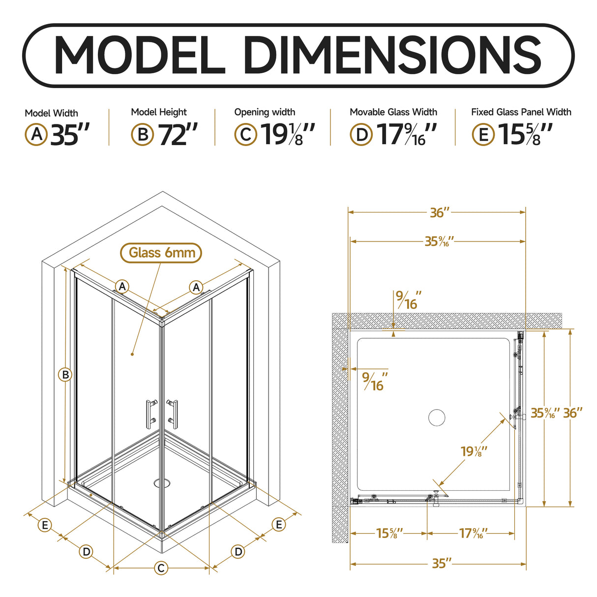 36" D x 36" W x 72" H Corner Shower Enclosure