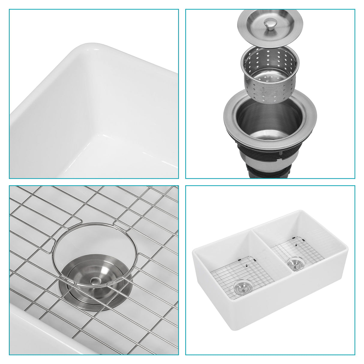 Sink 33" Double Bowl Kitchen Sink With Deep Bowls And Grids - White