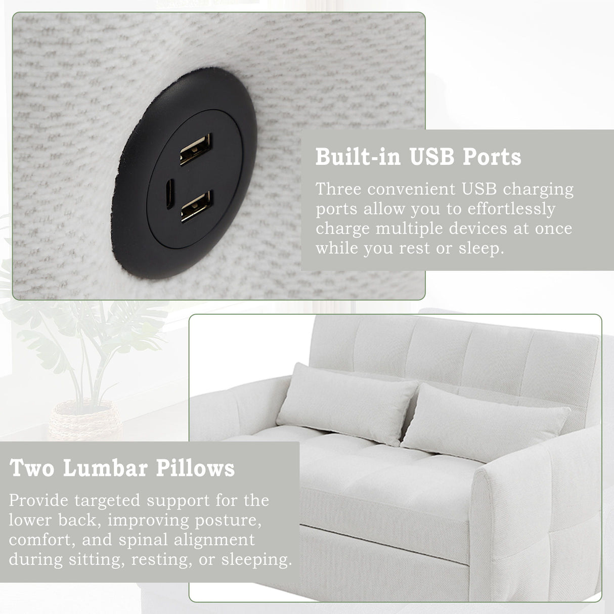 Loveseat Sofa Pull-Out Bed With Adjustable Backrest, 3 USB Ports And 2 Lumbar Pillows For Living Room