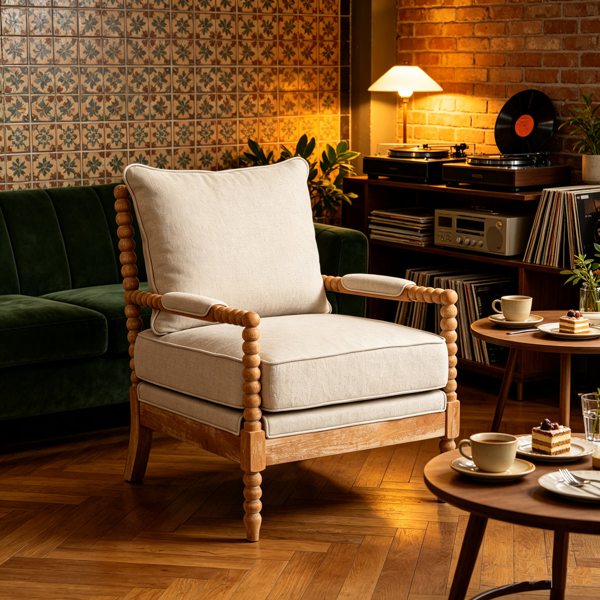 Rubber Wood Accent Chair with High-Density Sponge Cushion