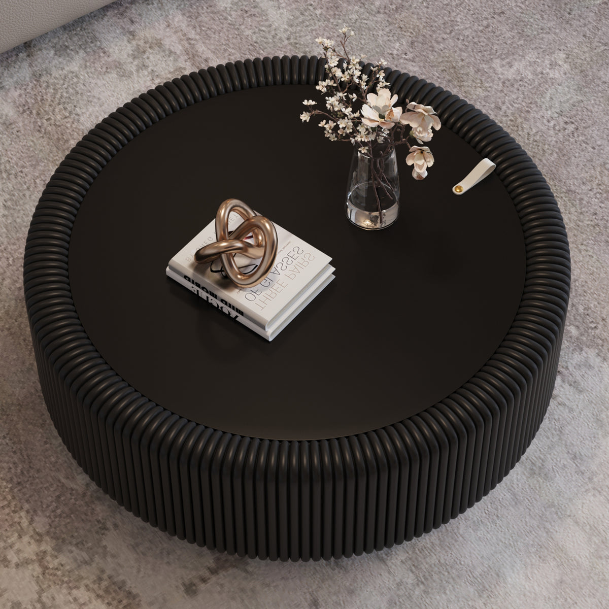 Black Round Fluted Coffee Table with Tempered Glass Top
