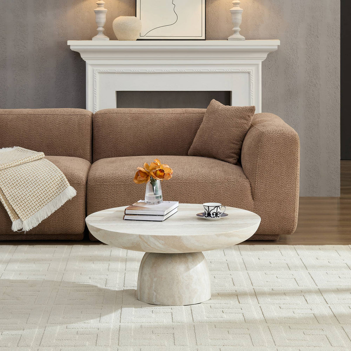 Mushroom Coffee Table, 31.5-Inch Round Fiberglass, Beige