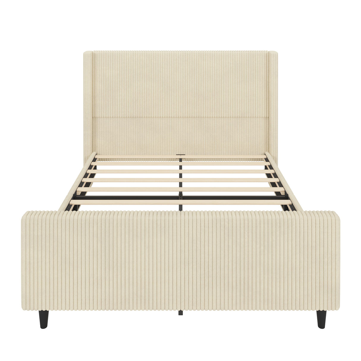 Upholstered Bed Frame With Vertical Stripe Wingback And High Footboard