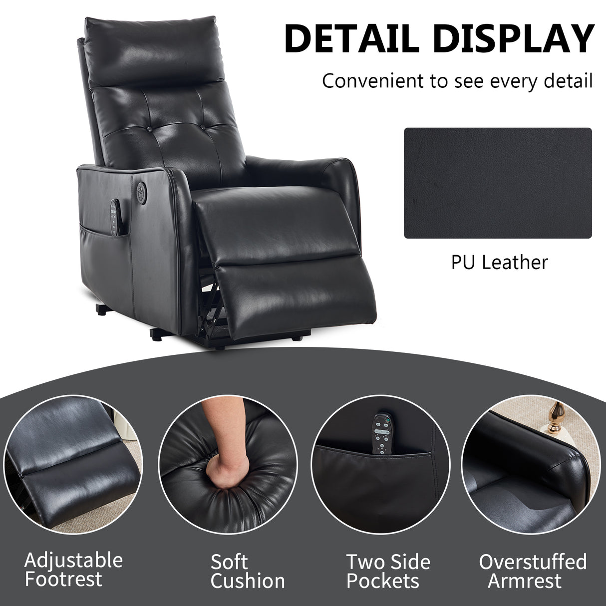 Black PU Single Motor Power Lift Recliner Chair